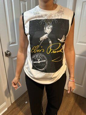 Elvis Presley Upcycled Band Tee with Rhinestones and Sequin Sleeve Trim